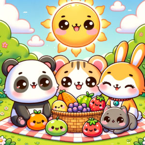 Illustration of a cute kawaii animal gathering. A group of adorable animals including a smiling panda with big doughy eyes, a blushing bunny with fluffy ears, and a winking kitten with a tiny bell collar are having a picnic. They are seated on a soft, checkered blanket in a lush green meadow, with a basket of colorful fruits that have tiny smiling faces. In the sky, a cartoon sun with rosy cheeks and rays that resemble gentle arms is giving a thumbs up.