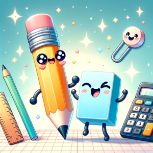 Illustration of a kawaii-themed everyday objects scene. A gleeful pencil with googly eyes and a bright smile is dancing next to a jubilant eraser character. The background is a playful school desk setting, with a notebook with a face winking, a ruler grinning with one corner up, and a calculator with cute button eyes and a sweet smile. The desk surface has a pastel colored grid pattern, and the surrounding ambiance is filled with sparkles and soft light bubbles.