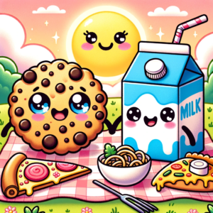Illustration of a whimsical kawaii food scene. A happy chocolate chip cookie with big sparkling eyes and a joyful smile holds hands with a cheerful milk carton character. They are in a park setting with a picnic blanket covered in other cute food items like a grinning slice of pizza, a bashful sushi roll with blushing cheeks, and a playful bowl of noodles with a tiny fork twirling the strands. The background shows a pastel sky with fluffy clouds and a radiant cartoon sun.