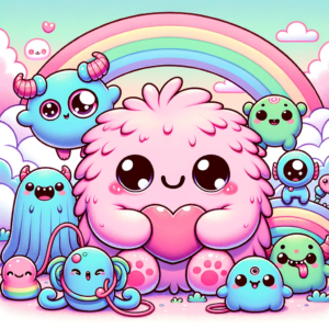 Illustration in Japanese kawaii style depicting a collection of cute kawaii monsters. A fluffy pink monster with wide, innocent eyes and tiny wings is hugging a heart-shaped pillow. Next to it, a small, round blue monster with one eye, several giggling tentacles, and a squiggly smile holds up a peace sign. A duo of tiny green monsters with oversized heads and playful expressions are playing jump rope with a rainbow. The scene is set in a fantasy land with pastel-colored hills and a sky with puffy, smiling clouds.