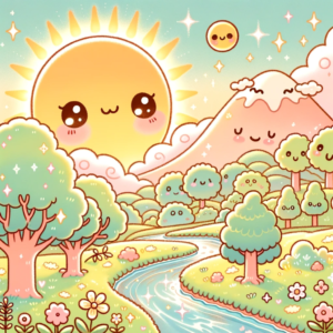 Illustration in Japanese kawaii style of a serene nature scene. The image features an endearing sun with a gentle smile and rosy cheeks, casting a warm glow over a landscape where the trees have faces and are blushing. A babbling brook winds through the scene, with a happy expression and little sparkles on the water's surface. Flowers with cute, smiling faces dot the grassy field, and a small chibi-style mountain in the background has a soft, contented face with blushing cheeks, under a sky with drifting, smiling clouds.