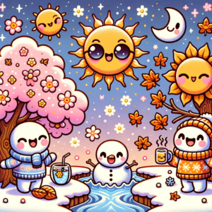Illustration in Japanese kawaii style of a seasonal scene representing the four seasons. Spring is depicted by a cherry blossom tree with a smiling face and blushing cheeks, its petals gently falling onto a giggling stream. Summer is shown by a radiant sun with cute sunglasses and a refreshing glass of lemonade with a smiley face. Autumn features a cozy sweater-wearing maple tree with leaves in mid-fall, winking playfully. Winter is personified by a jolly snowman with a kawaii face, holding a steaming mug, amidst snowflakes with tiny smiling faces, all set against a backdrop of a clear, smiling crescent moon in a starry sky.