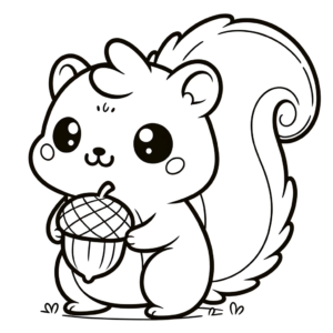 illustration of a whimsical squirrel in the cute kawaii style, holding an acorn with just the main thick black outlines.